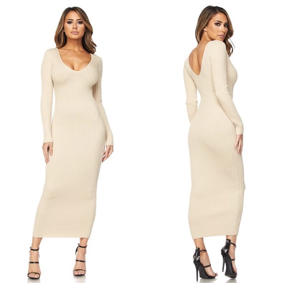 Dresses & Skirts - Soft Taupe Ribbed Sweater Long Sleeve Maxi Dress